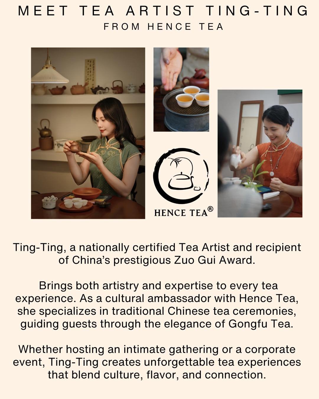 ✨ Meet Tea Artist Ting-Ting ✨
Step into the world of authentic Chinese tea with Ting-Ting, a nationally certified Tea Artist and recipient of China’s prestigious Zuo Gui Award. 🌿🍵
From elegant Gongfu Tea ceremonies to cultural storytelling, Ting-Ting transforms each tea tasting into an unforgettable journey of flavor, tradition, and connection.
Whether you’re planning an intimate gathering or a corporate event, let us bring the art of tea to life for you.
📍 Book your private tea session today and experience tea the way it’s meant to be enjoyed — with heart, culture, and community.
🔗 Reserve your spot now through the link in bio!
#HenceTea #TeaTasting #GongfuTea #TeaCeremony #TeaExperience #TeaArtist #MindfulLiving #TeaCulture